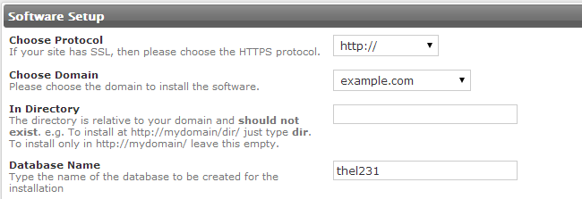 Thelia software setup via Softaculous