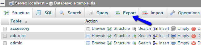 Select export feature for a database via phpMyAdmin