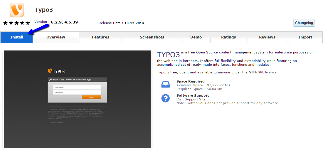 Initiate Typo3 installation via Softaculous