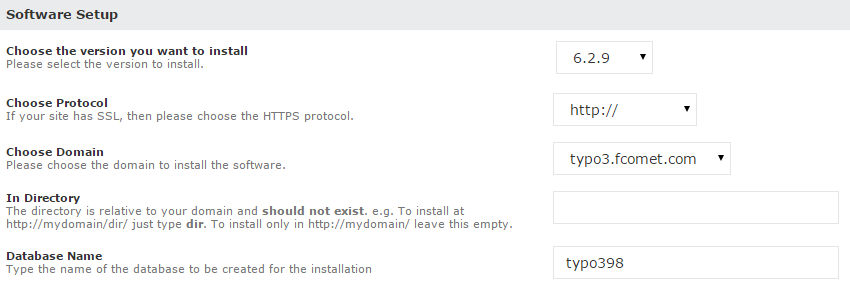 Typo3 software setup in Softaculous