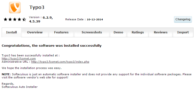 Typo3 successful installation via Softaculous