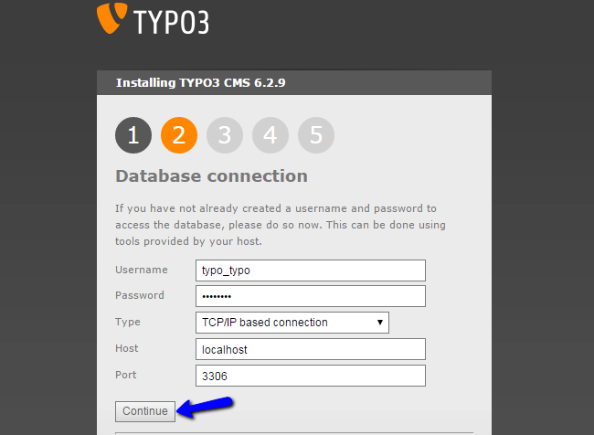 Database user configuration during TYPO3 installation