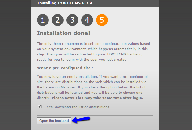 TYPO3 successfully installed