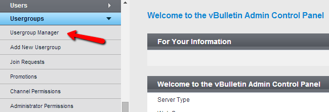 Access usergroup manager in vBulletin
