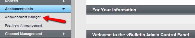 Access announcement manager in vBulletin