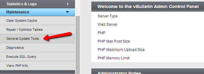 Access general update tool in vBulletin