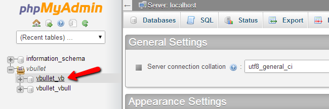 Access vBulletin database via phpMyAdmin