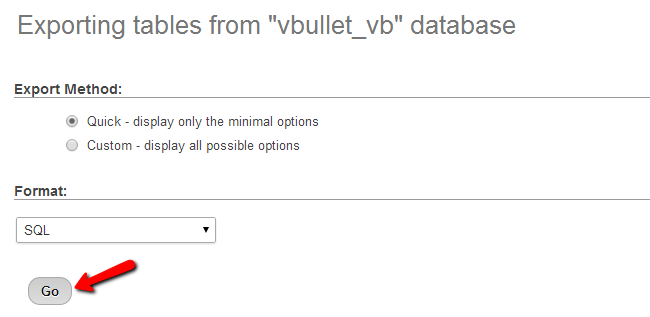 Download a dump backup of vBulletin database via phpMyAdmin