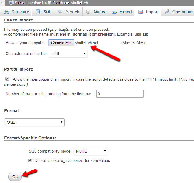 Upload and import vBulletin database via phpMyAdmin