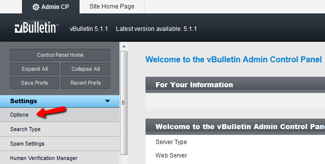 vBulletin settings panel