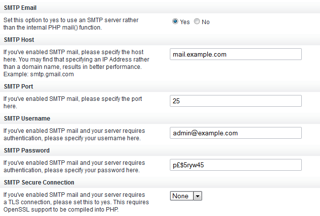 Enable and configure SMTP in vBulletin