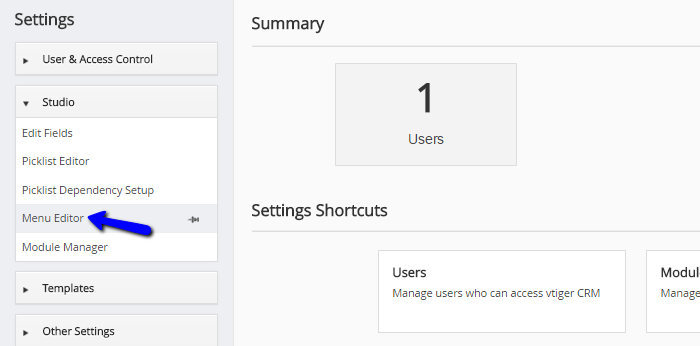 Access menu editor in vTiger