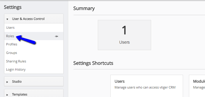 Access role manager in vTiger