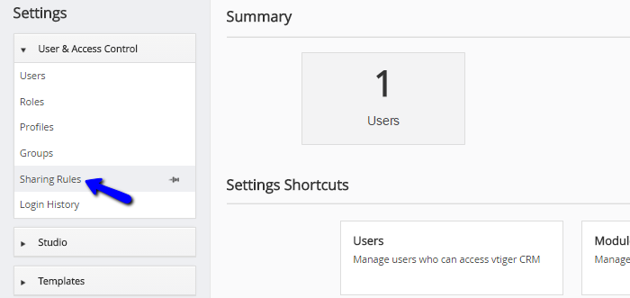 Access sharing rules manager in vTiger
