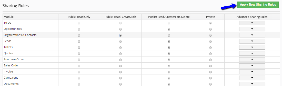 Edit sharing rules in vTiger