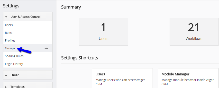 Access groups manager in vTiger