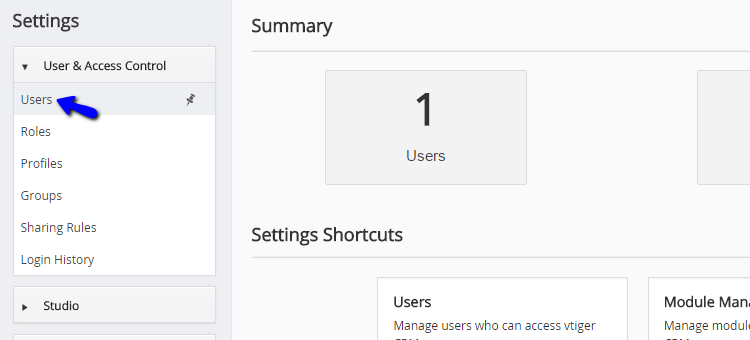 Access users manager in vTiger