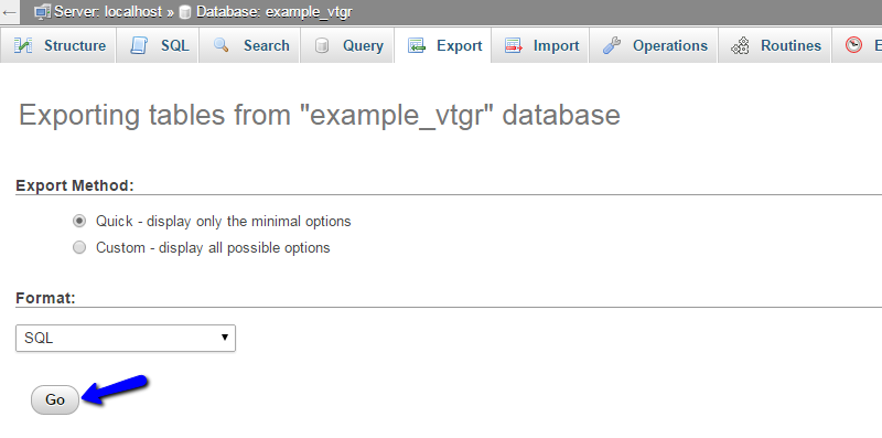 Export a database dump file to local computer