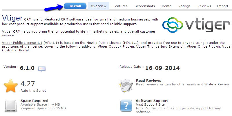 Install vTiger via Softaculous