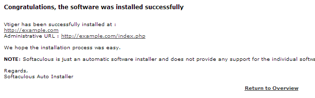 Successful vTiger installation via Softaculous