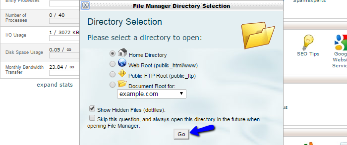 File manager options in cPanel