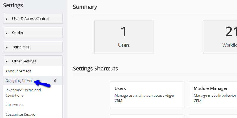 Access outgoing server feature in vTiger
