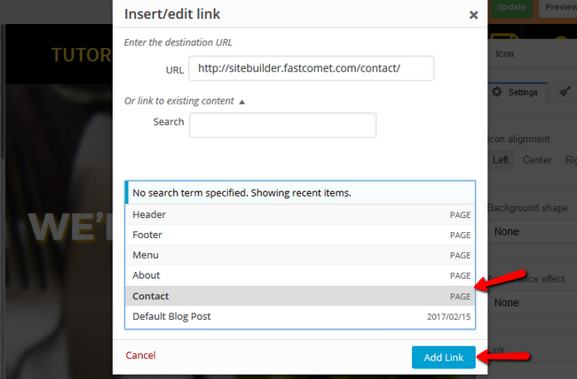 Selecting the linked page directly from within the website builder