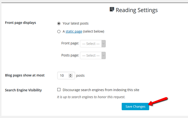 Configuring the Reading Settings for your website in the site builder