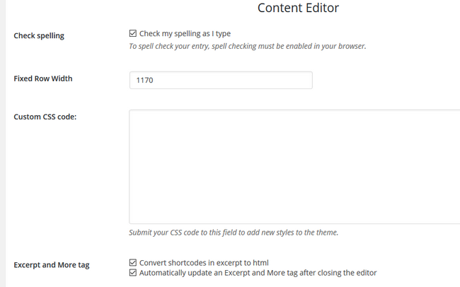 Content Editor Settings for the Website Builder