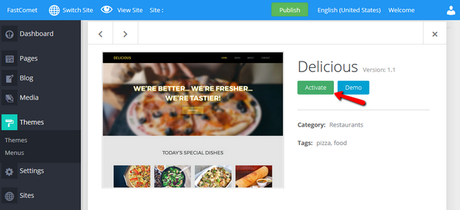 Activating a theme inside the website builder