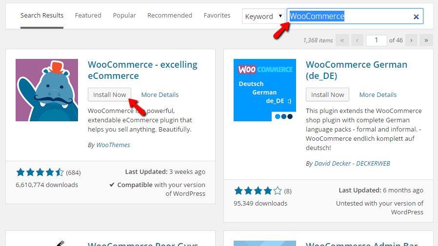 Searching and installing WooCommerce