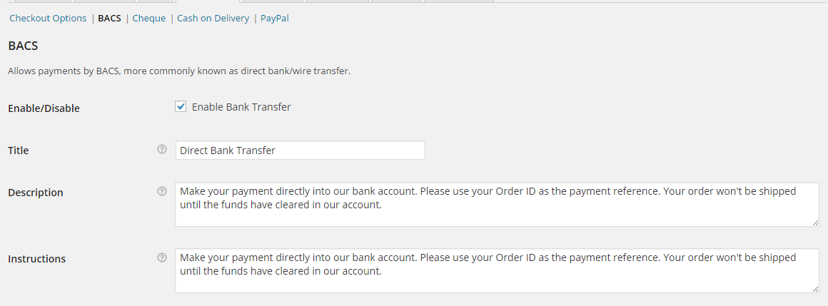 configuring bank account details