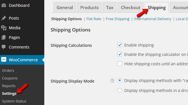 accessing the shipping options page