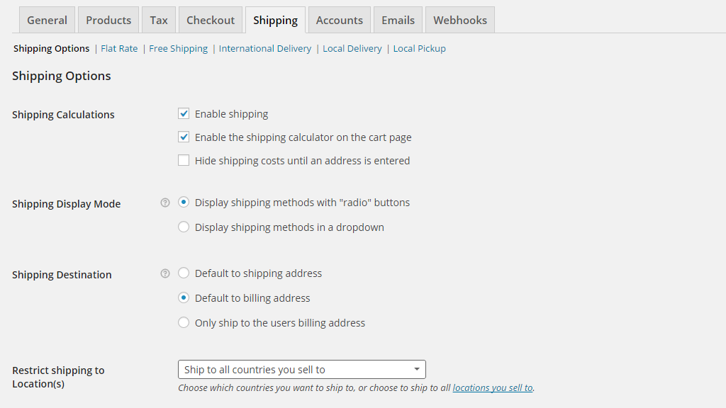 configuring the shipping options page