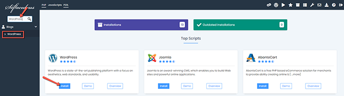 Install WordPress Softaculous