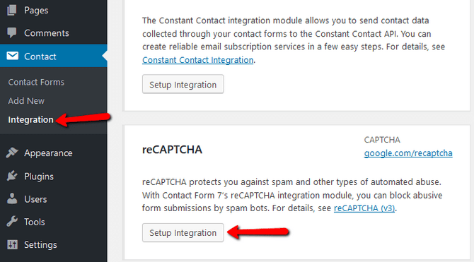 Access the WordPress Contact Form Integration with reCAPTCHA Menu