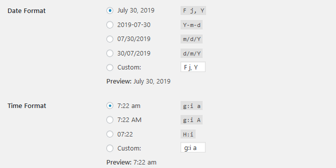 Date and Time Format Settings in WordPress