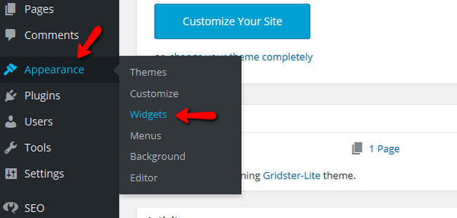 Accessing the Widgets menu inside WordPress