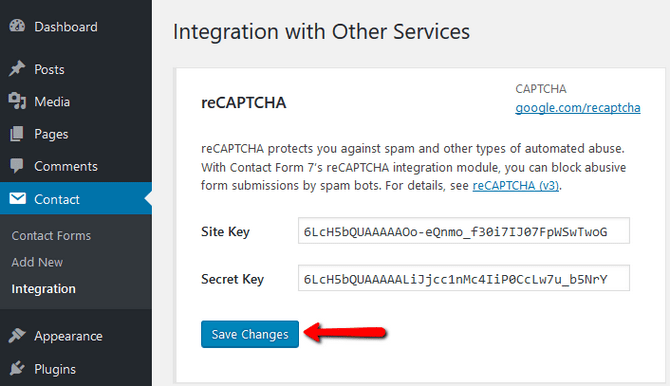 Paste the Itegration key pair for reCAPTCHA in WordPress