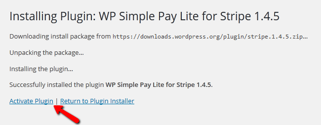 Activating the WP Simple Pay Lite for Stripe plugin in WordPress