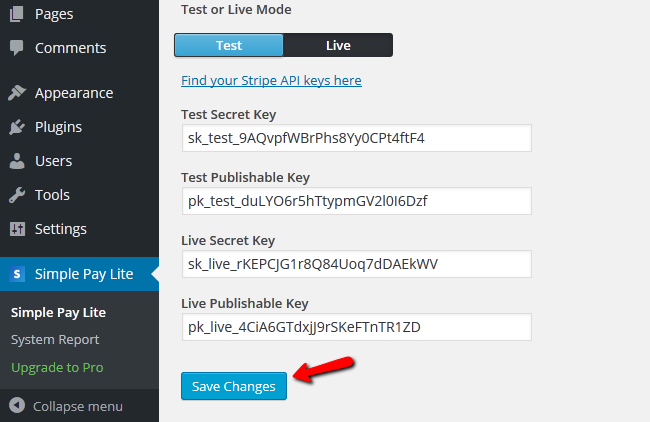 Pasting the API Keys in the WP Simple Pay Lite for Stripe plugin configuration