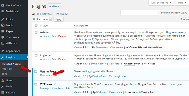 Deactivating the VersionPress plugin