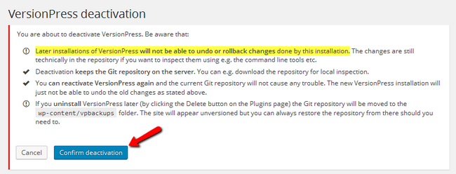 Confirming the deactivation of VersionPress