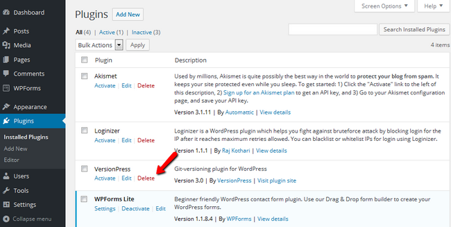 Deleting the VersionPress plugin from WordPress