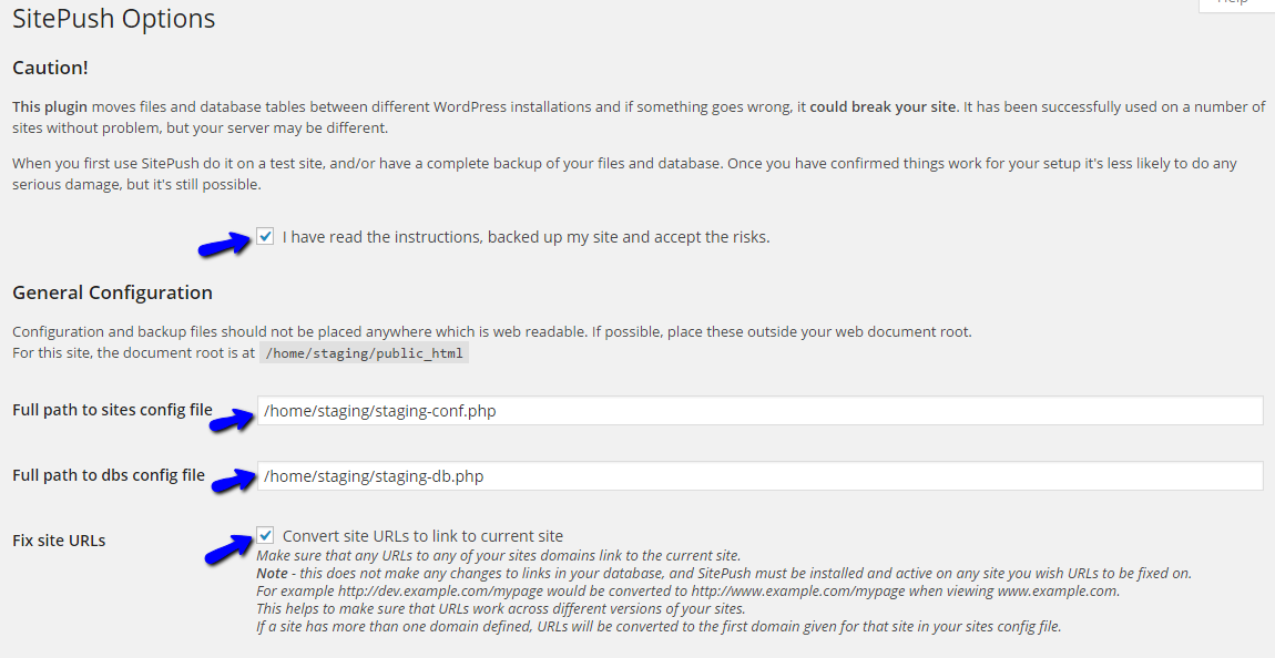 Configure SitePush Staging in WordPress