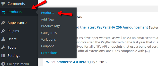 Accessing the Products Menu in WP eCommerce