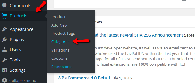 Accessing the Product Categories Menu in WP eCommerce