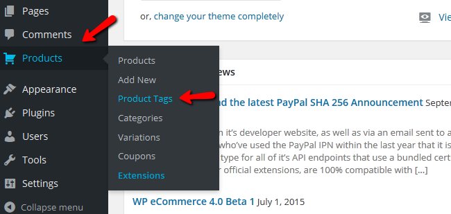 Accessing the Product Tags Menu in you WP eCommerce Store