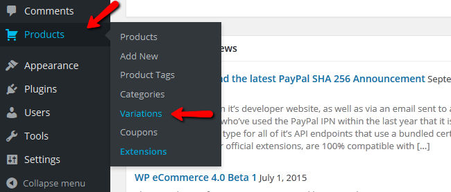Accessing the Product Variations Menu in WP eCommerce