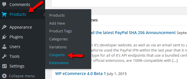 Accessing the Discount Coupons Menu in WP eCommerce